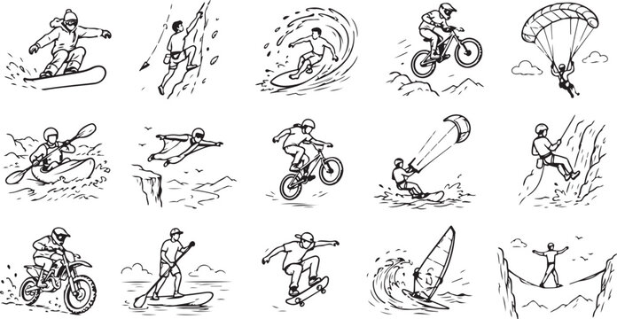 Set of hand drawn adventure sports icons featuring extreme athletes doing outdoor activities like surfing and climbing