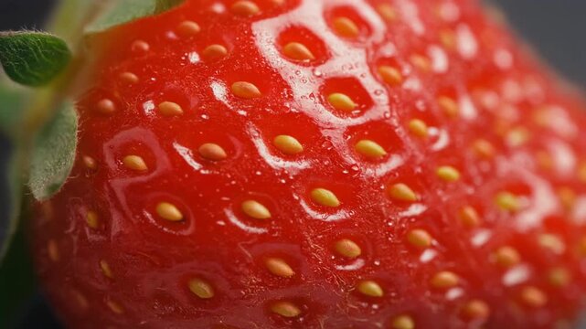 Extreme Macro Close-up of Ripe Strawberry Surface with Vivid Red Skin and Detailed Seeds, Photorealistic Full HD Food Background