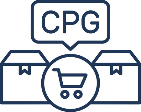 CPG concept with shopping cart, boxes, and speech bubble icon consumer packaged goods trolley