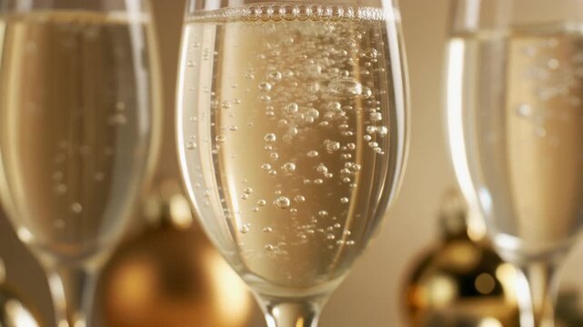 Extreme Macro of Golden Champagne Bubbles Rising in Crystal Glass, Festive Holiday Celebration Motion Background for Full HD Video