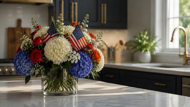 Patriotic floral arrangement with American flags, red white and blue hydrangea bouquet in kitchen, Fourth of July centerpiece on marble countertop