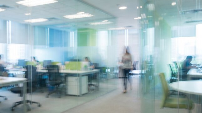 Abstract blurred motion background of busy people working inside glass partition office cubicles. Corporate workflow and contemporary business environment concept.