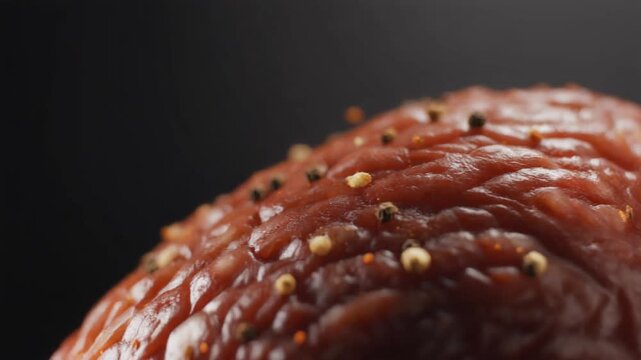 Extreme Macro Shot of Dry Sausage Surface with Pepper Grains and Spice Dust, Cinematic Full HD Food Background