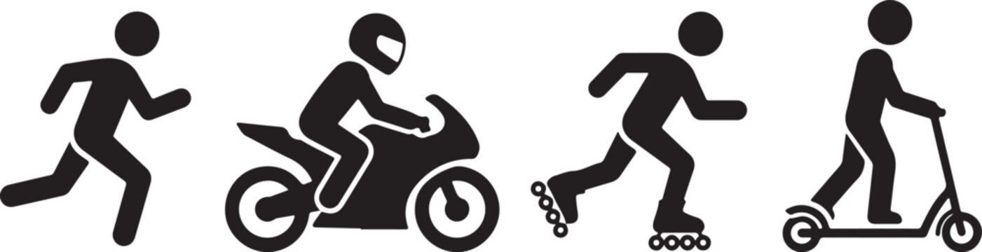 Set of human icons showing people running riding a motorcycle roller skating and using an electric scooter