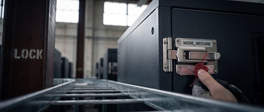 Server security cabinet lock seal with hand applying red wax stamp, securing confidential mainframe node in industrial data center warehouses, symbolizing hardware cyber security and data protection.
