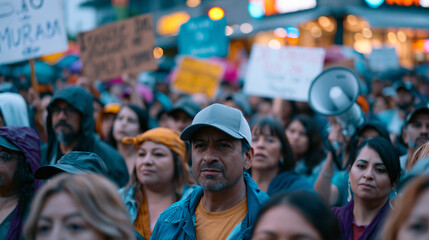 Fototapeta premium Dense crowd of Latin American community activists march through a rain-soaked urban intersection at twilight, handmade signs in Spanish and English raised above heads, community organizers using meg