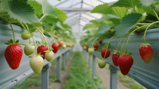 Macro Shot of Ripe and Unripe Strawberries Hanging in Greenhouse Rows, Professional Full HD Agricultural Motion Background