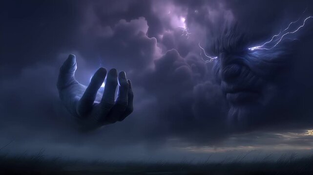 Fantasy wallpaper. A dramatic digital artwork depicts a menacing creature with glowing blue eyes and sharp teeth, set against a stormy sky. The creatures face is obscured by swirling clouds.
