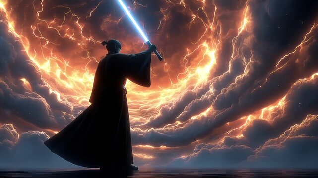 Fantasy wallpaper. A vivid portrayal of a figure, likely a Jedi, standing in a dramatic pose, wielding a glowing blue lightsaber. The figure wears a long, dark robe that billows around them.