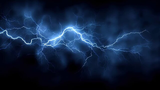 Fantasy wallpaper. A dramatic depiction of a lightning strike. The main subject is a striking display of bright blue lightning bolts striking against a dark, smoky background.