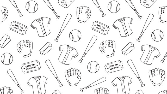 Seamless pattern with hand drawn baseball equipment like balls bats gloves and jerseys for sports design