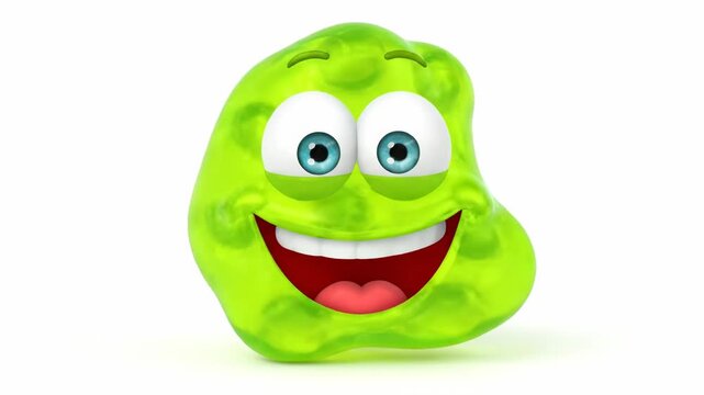 A smiling, cartoonish green blob character with big eyes and a mouth