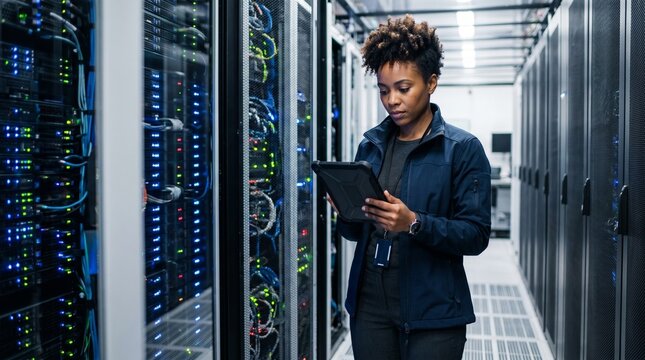 African american female cloud computing engineer analyzing data server racks security in tech datacenter for commercial corporate enterprise advertising marketing media success background use