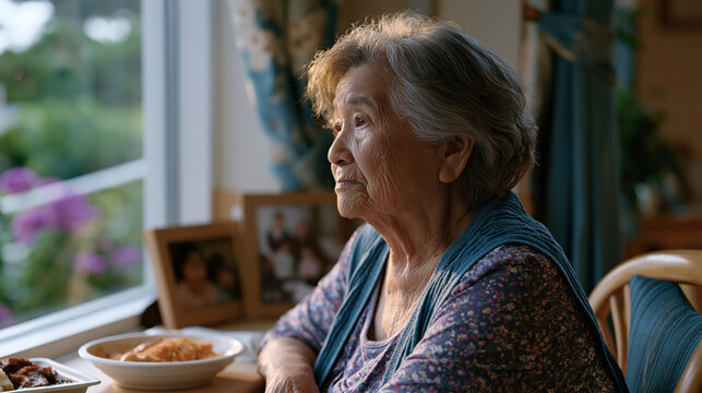 Elderly Korean grandmother sits alone at a window seat in a senior care facility, a bowl of untouched food nearby, staring at a framed family photograph, her isolation palpable as cultural and langu