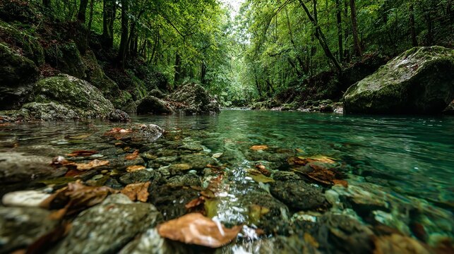 Crystal clear water flowing over colorful stones in a lush green forest setting