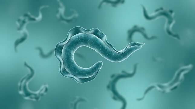 Microscopic worm, parasitic worms, teal background, scientific illustration, biology assets