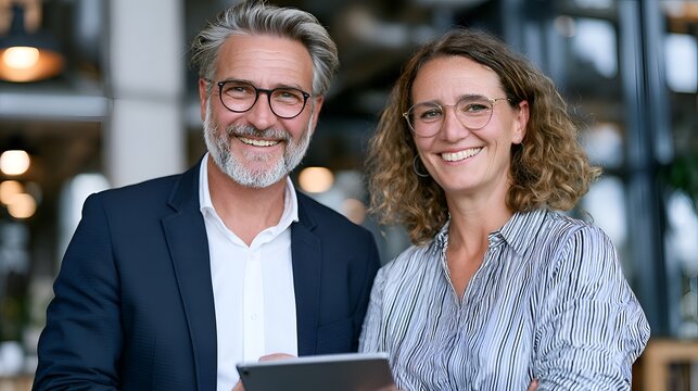 Two smiling business professionals, a man in a suit and a woman in a blouse, look at the camera with a tablet in a modern office space.