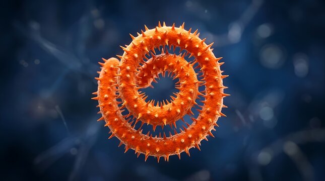 Viral particle, orange 3D model, microscopic, spiral shaped