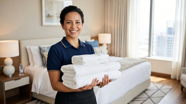 Cheerful Hispanic female hotel chambermaid holding stack of fresh white towels in premium hotel room, friendly hospitality staff and room service concept