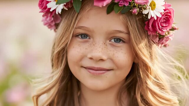 A smiling child with freckles and a floral crown, in soft focus
