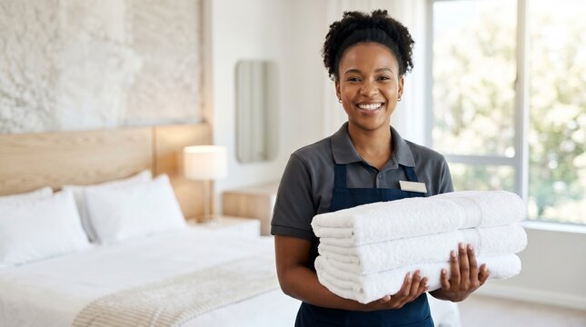 Smiling young black chambermaid holding stack of fresh clean white towels in modern hotel bedroom suite interior