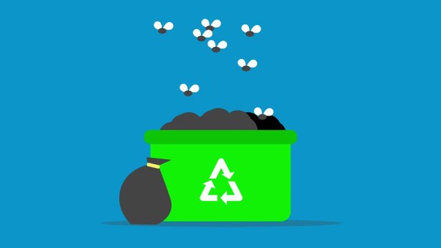 A green recycling bin overflowing with dark trash bags and surrounded by swarming flies against a solid blue background.