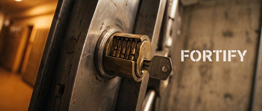 Secure vault door lock cylinder with key inserted in heavy steel safe to unlock major security access and protect valuable assets in an industrial concrete storage facility room with warm corridor.
