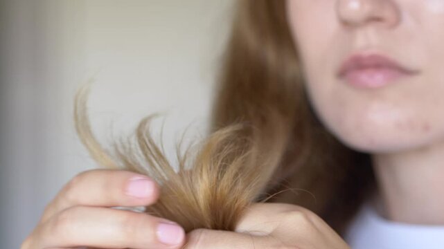 Young woman examining dry damaged hair ends indoors in natural light. Beauty and trichology concept focused on split ends, hair breakage, dehydration and professional restorative haircare treatment.