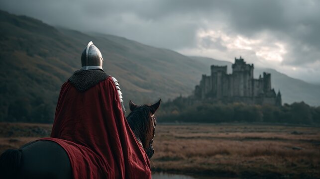 A solitary knight in a red cape gazes upon a formidable medieval castle nestled within a misty, mountainous landscape. The atmosphere is heavy with history and adventure