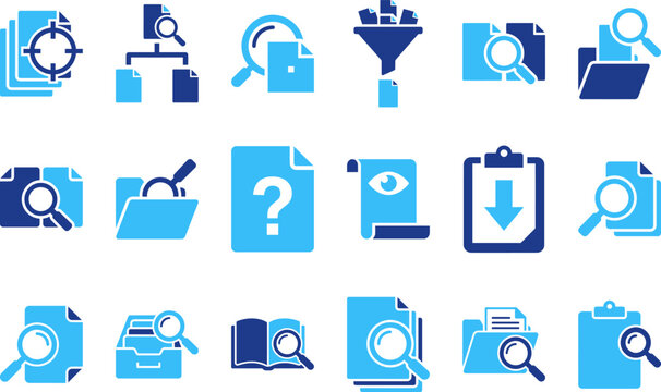 Collection of flat icons for document search research analysis and information organization for business and data management.