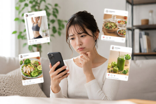 SNSのダイエット情報に悩む女性　情報過多で迷うイメージ