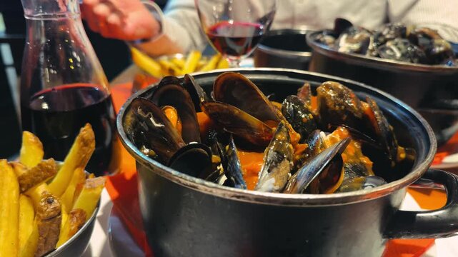 Steaming pot of freshly cooked mussels in a white wine and onion sauce, served hot and ready to eat. High quality 4k footage