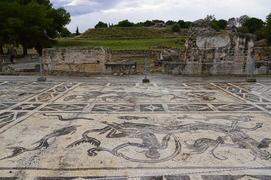 Detail of a large mosaic in the ruins of the Roman baths at Isthmia