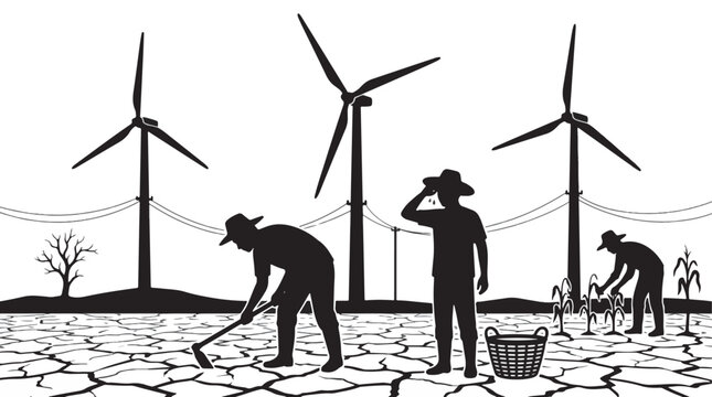 Farmers planting crops in drought-stricken field with wind turbines and barren landscape illustration