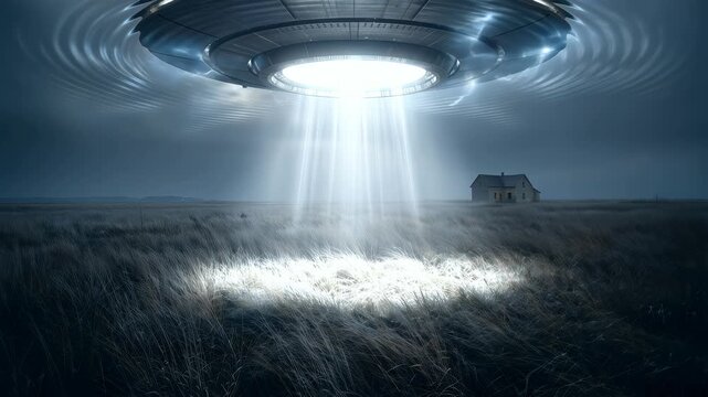 UFO hovering over rural field emitting bright light beam at night. 4K Video
