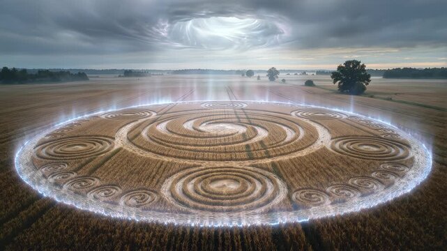 Alien Crop Circle Forming with Glowing Blue Energy in Night Field. 4K Video