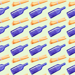 Obraz premium Seamless pattern with purple glass bottles and twisted sheets of paper on a light green background.
