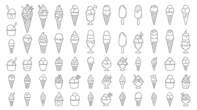 Collection of Hand-Drawn Ice Cream Cones and Cups in Various Styles.