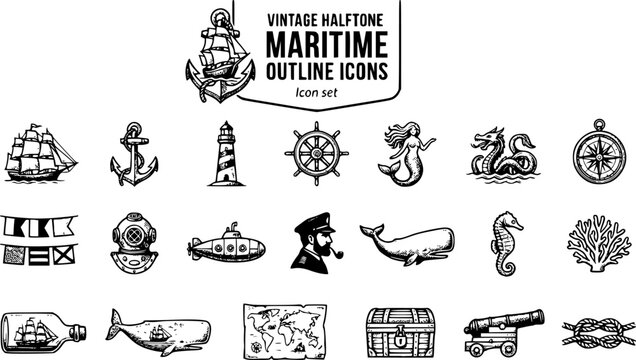 Vintage Halftone Maritime Naval Outline Icon Set Sailing Ship Anchor Lighthouse Ship Wheel Mermaid Sea Monster Compass Flag Diving Helmet Submarine Captain Whale 20 Icons Editable Strokes Line Art