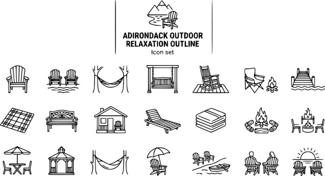 Adirondack Outdoor Relaxation Outline Icon Set Chair Solo Lake Pair Hammock Porch Swing Rocking Chair Camp Fire Lounger Picnic Bench Dock Mountain Cabin Bonfire Firepit Gazebo 20 Icons Editable Stroke