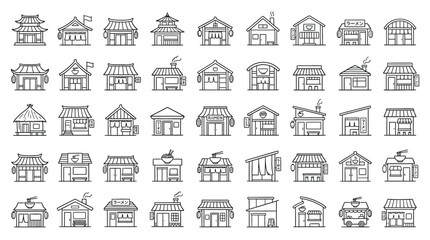 Fototapeta premium Collection of diverse building icons representing shops and small businesses in a simple line art style.