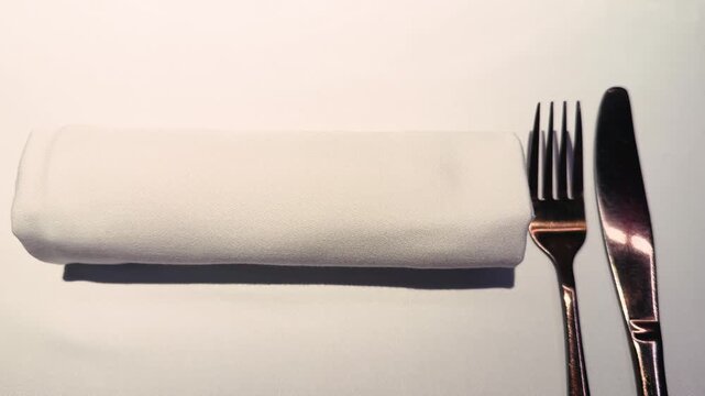Fork and knife, neatly folded napkin on a white tablecloth in a restaurant, elegant table setting. High quality 4k footage
