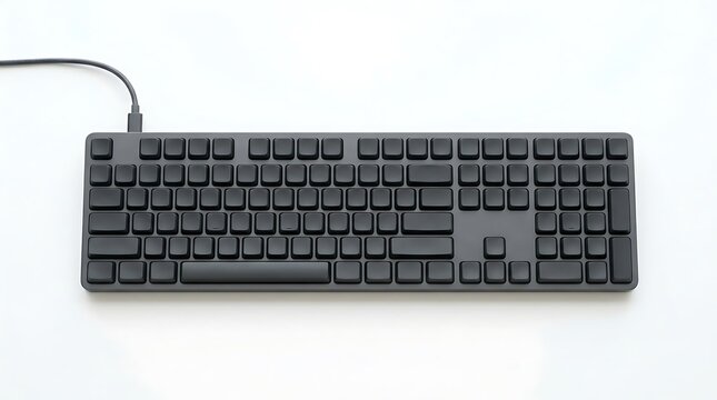 Top view of a minimalist black mechanical keyboard with a usbc cable isolated on white background
