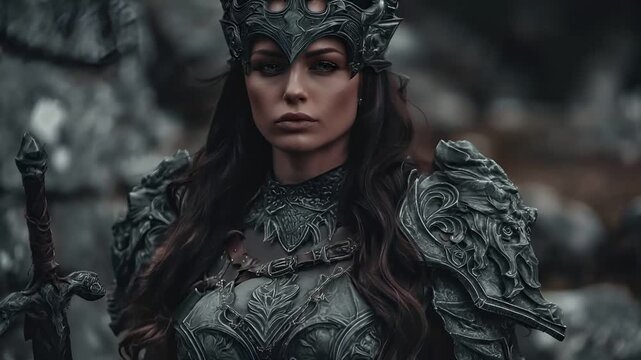 Fantasy wallpaper. A detailed, dark fantasy artwork depicts a female warrior in a contemplative pose. She wears ornate, metallic armor with intricate patterns and designs. Her long.