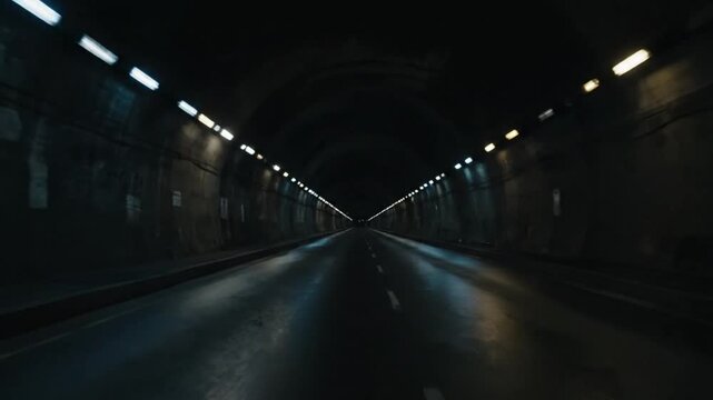 Dark Tunnel with Lights and Wet Road Perspective.