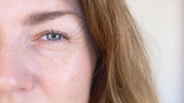 Woman gently touching expression wrinkles around eyes during daily beauty routine. Cosmetic anti-aging concept for botulinum procedures, collagen skincare and rejuvenation products.