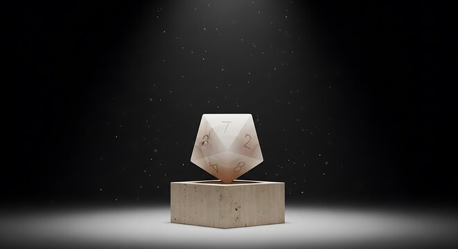 A high-quality 12 sided dice balancing delicately on a rustic stone pedestal set against a moody dark background with dramatic spotlighting and dust particles