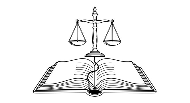 Justice Scales Above Cracked Open Book Symbolizing Law and Knowledge