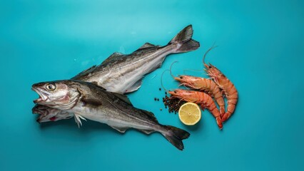 Obraz premium Fresh seafood arrangement with fish shrimp and lemon on blue