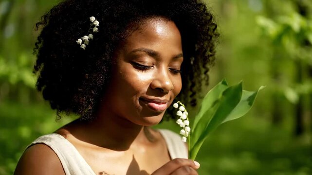 A smiling person with flowers, bathed in sunlight against a soft green leafy background